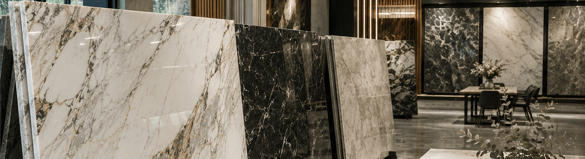 Polished marble slabs on display in the StoneMart showroom, including white, black and grey veining