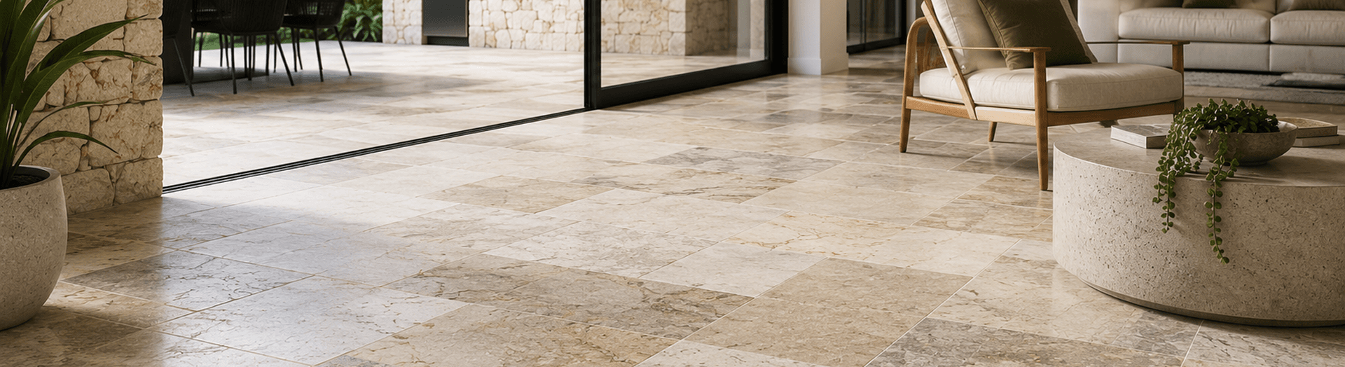 Natural stone tiles in marble and travertine laid across an interior floor and wall