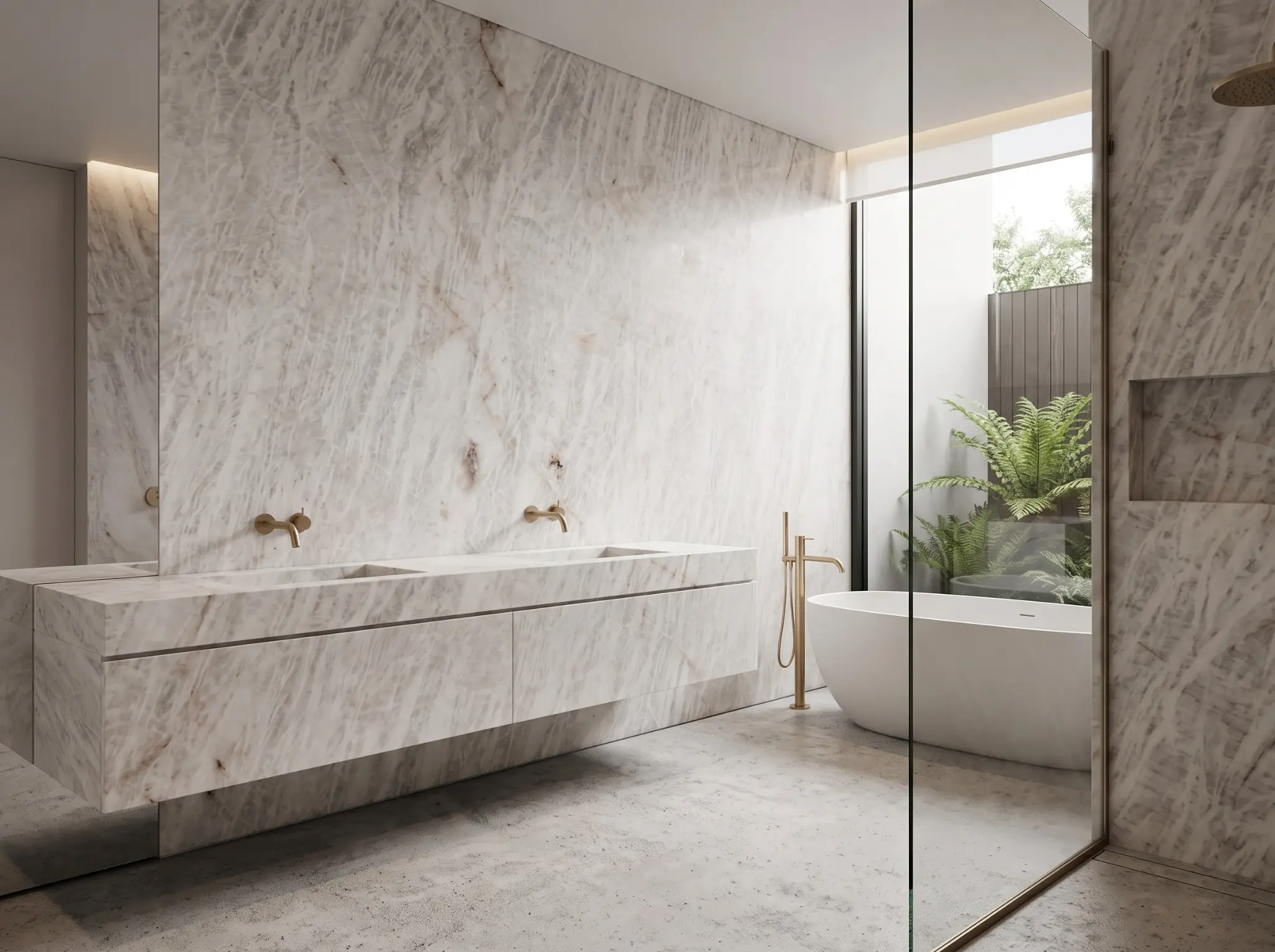 Cristallo stone double bathroom vanity with matching wall cladding