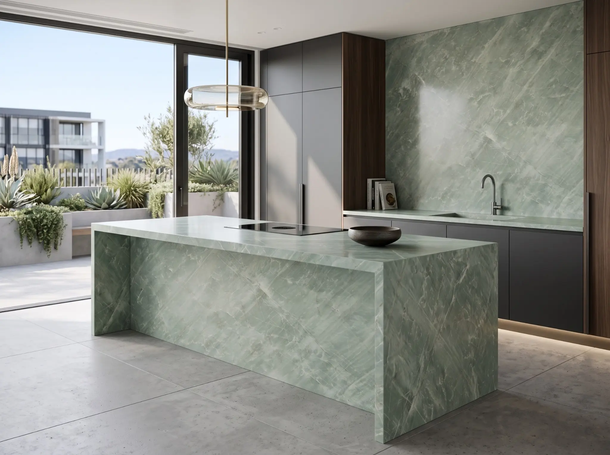Emerald Haze Quartzite waterfall kitchen island and matching green stone splashback