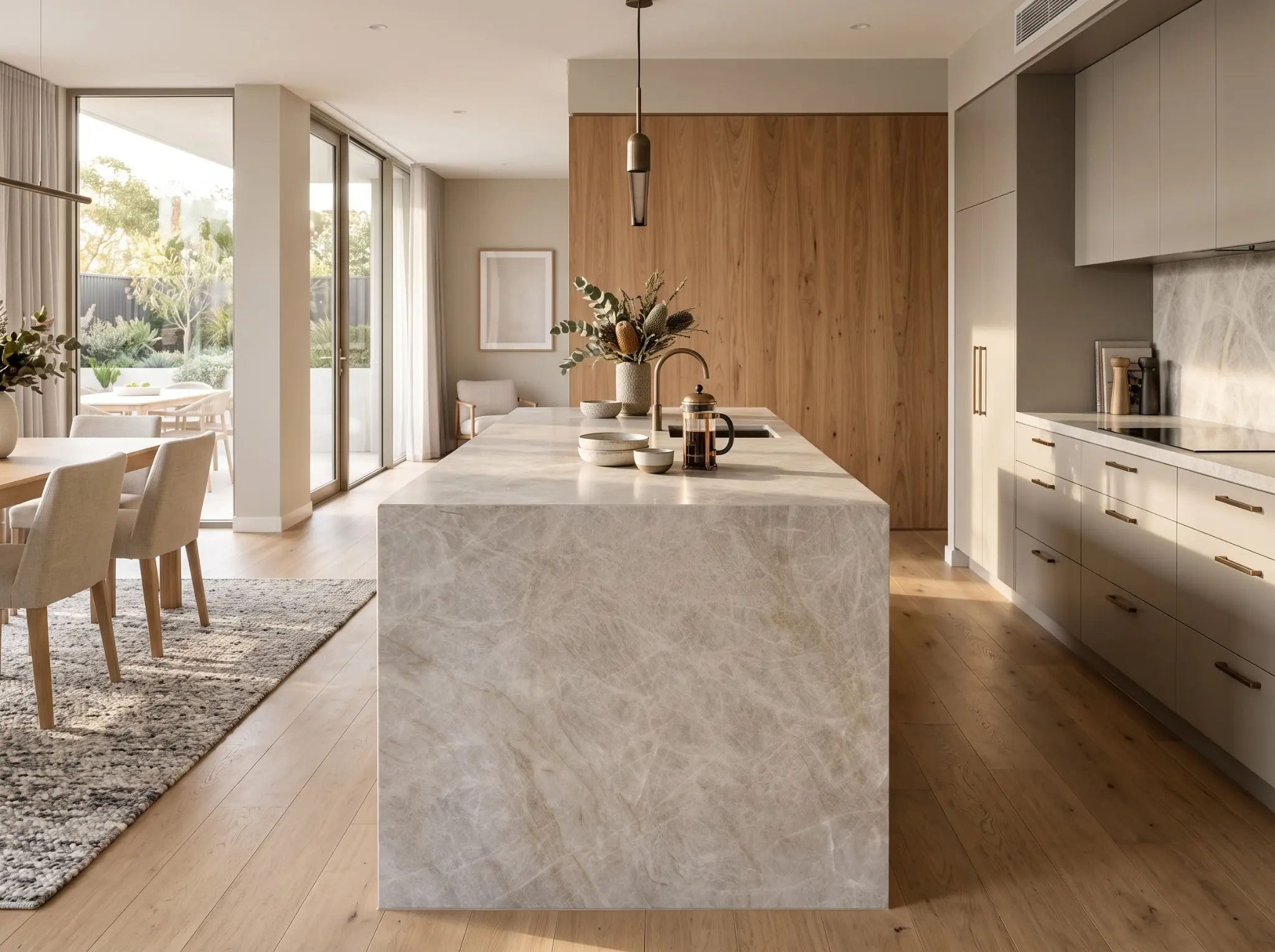 Taj Mahal Quartzite waterfall island and benchtop in a warm contemporary kitchen