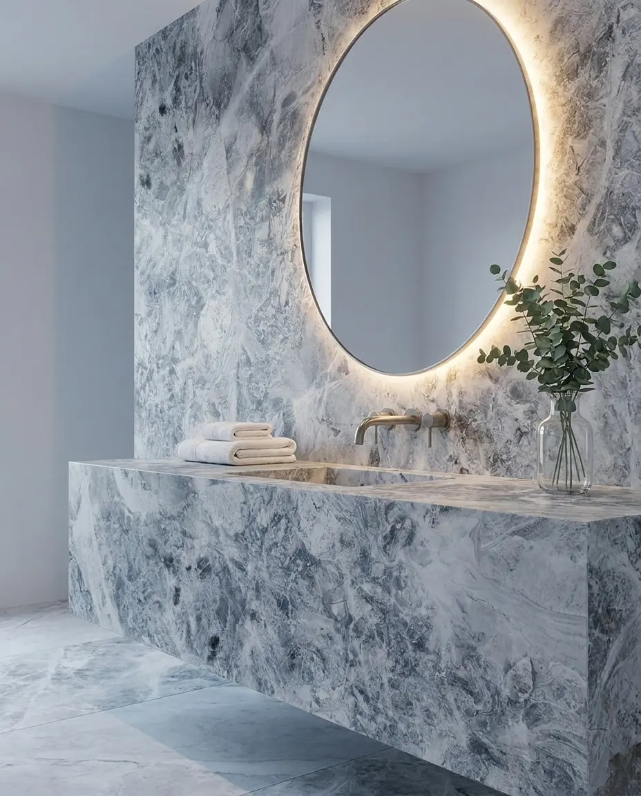 Grey and white stone bathroom vanity benchtop with matching wall and illuminated mirror