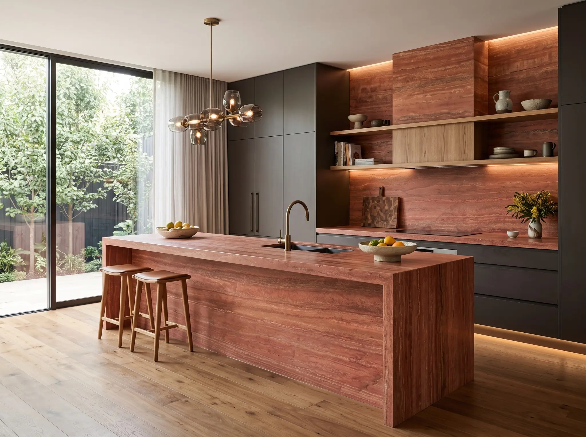 Rosso Travertine waterfall kitchen island and matching splashback
