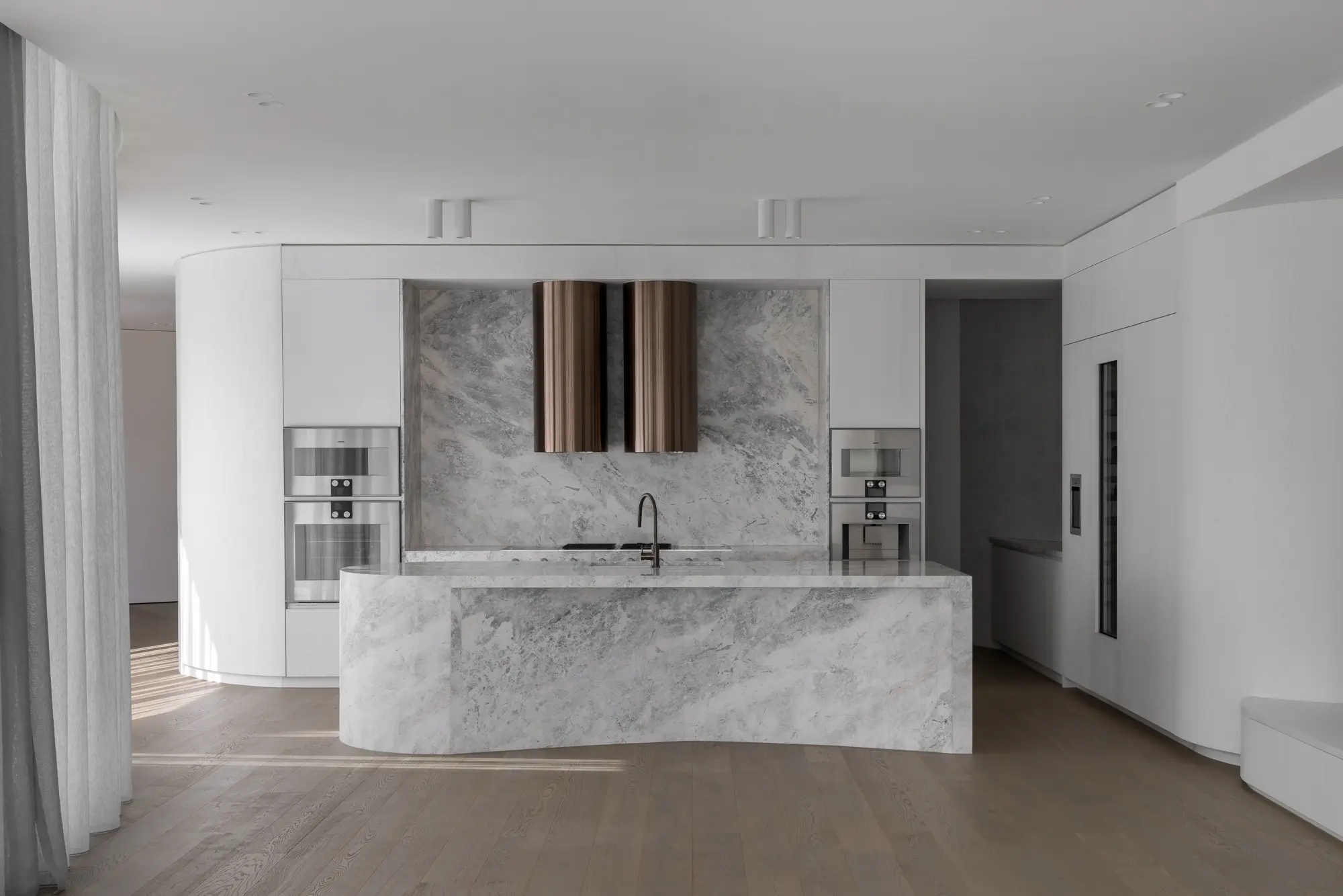 Silver White kitchen island benchtop and matching splashback with white cabinetry