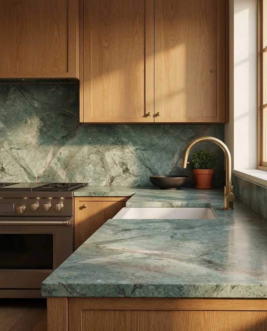 Turquoise Granite kitchen benchtop and splashback with timber cabinetry