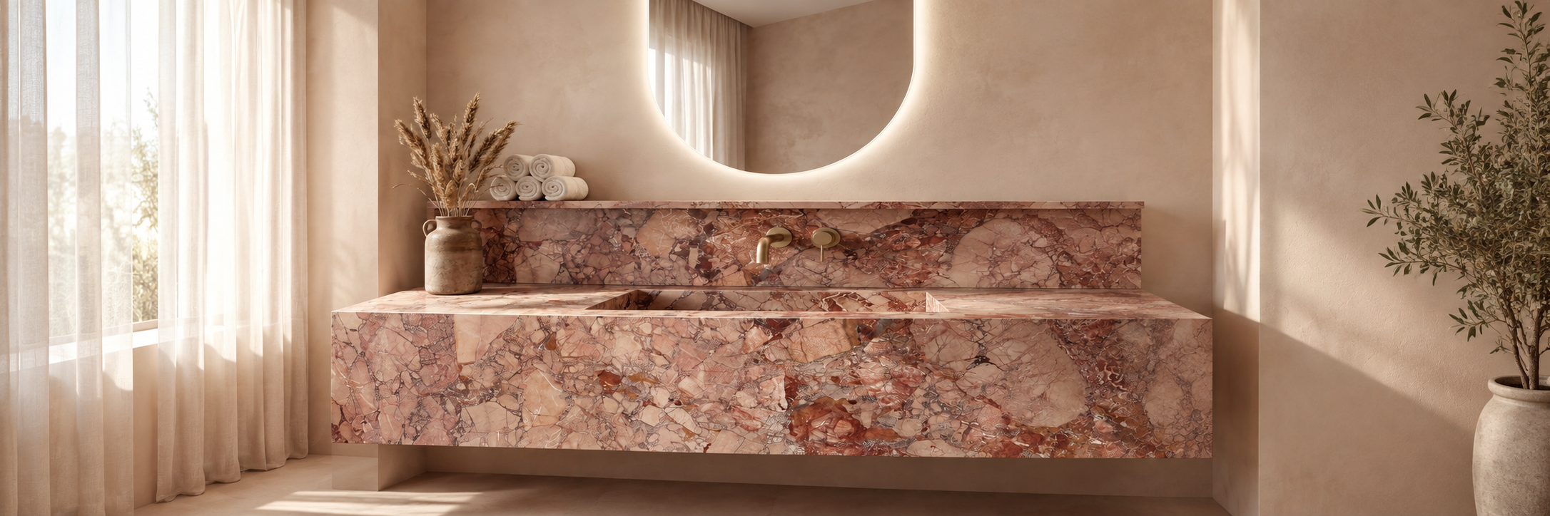 Pink natural stone vanity and splashback in a softly lit bathroom