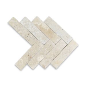 Classic Travertine Tumbled Subway Tile – Herringbone, Unfilled